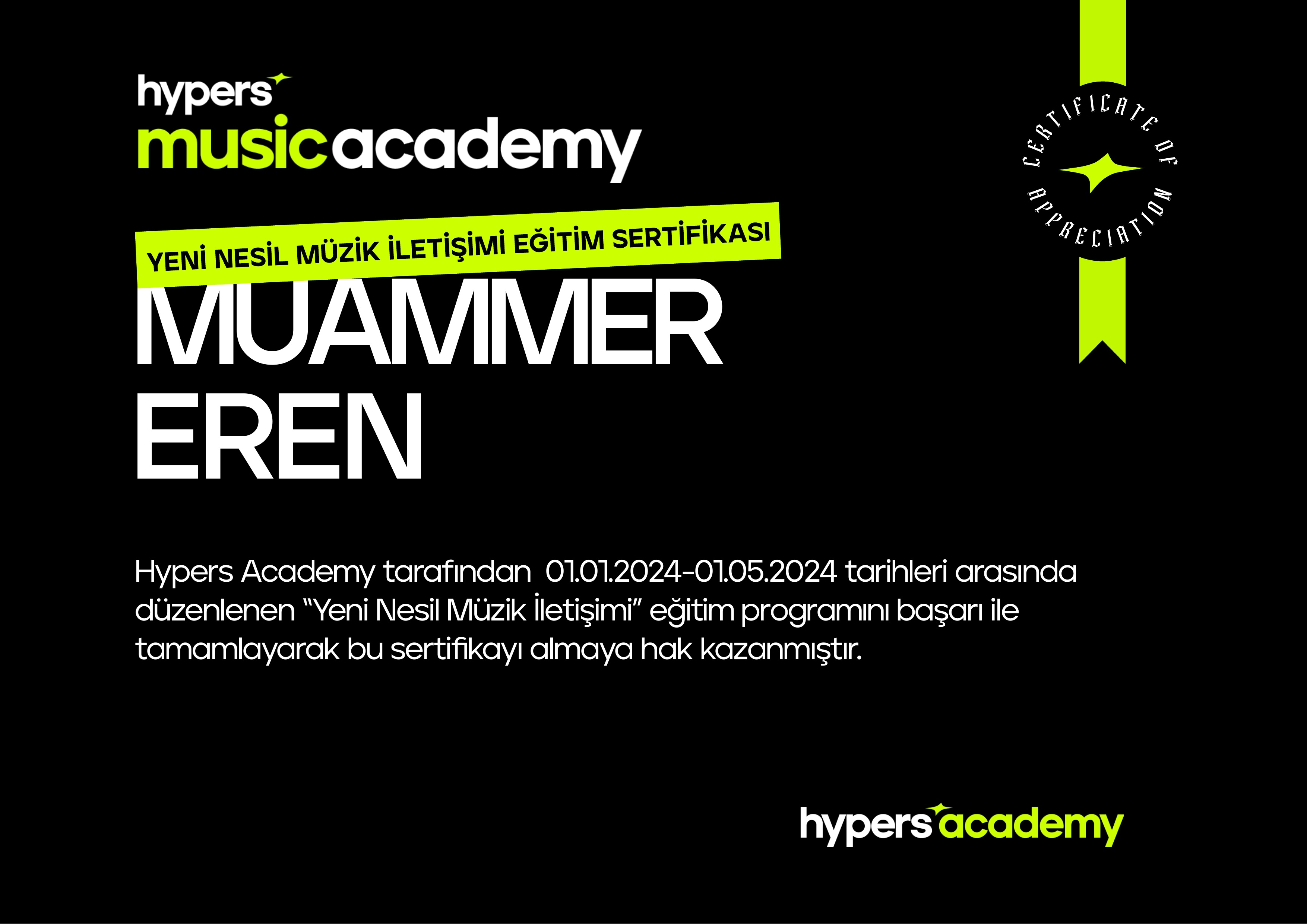 Hypers Music Academy Certificate