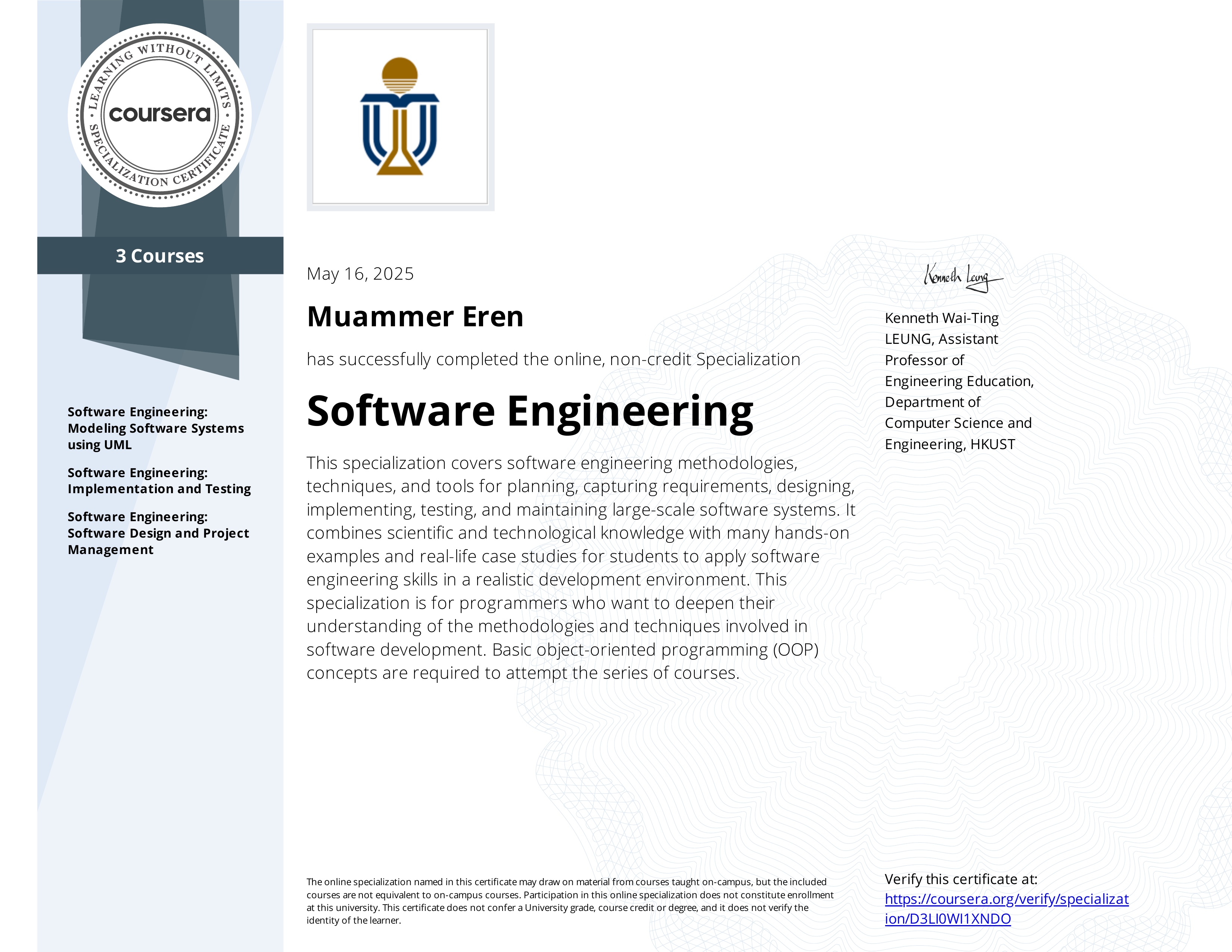 Software Engineering Certificate - Hong Kong University